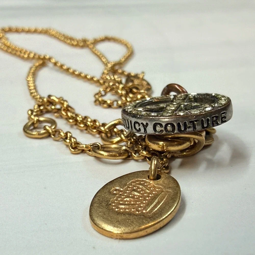 Juicy Couture Rhinestone Peace Sign Necklace Gold Tone Crown Logo Charm